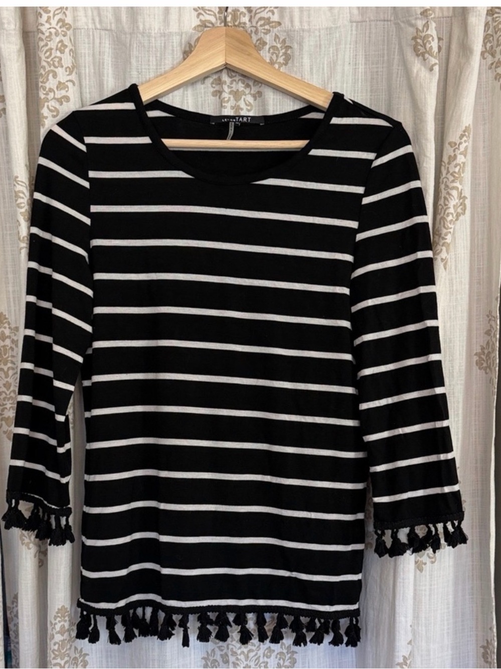 Striped Black & White Tassel-Hem Long Sleeve Top